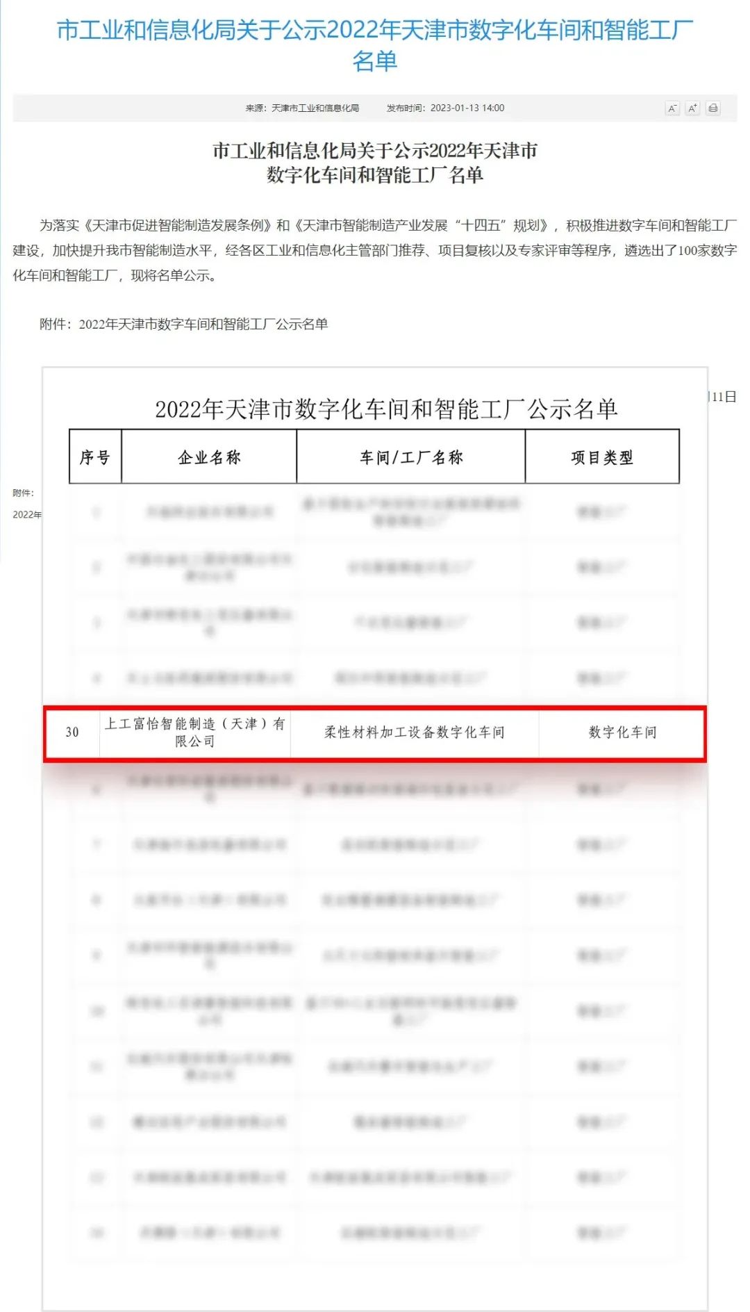 熱烈祝賀 上工富怡柔性材料加工設備數字化車間榮登2022年天津市數字化車間和智能工廠榜單